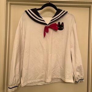 White Sailor Collar Kids Shirt with Cat Embroidery